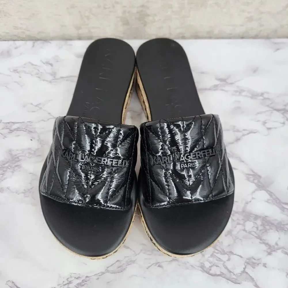 Karl Lagerfeld Kamara Black Quilted Platform Slide Sandals Jute Espadrilles